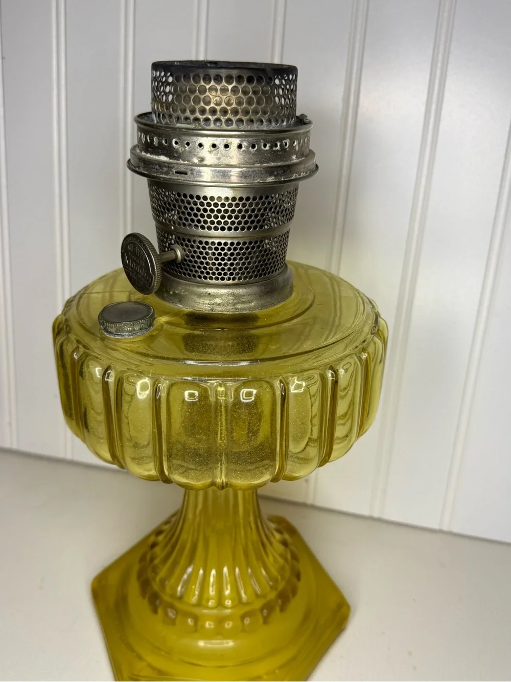 Yellow Pressed-Glass Pedestal Oil Lamp - Decorative Lantern Accent